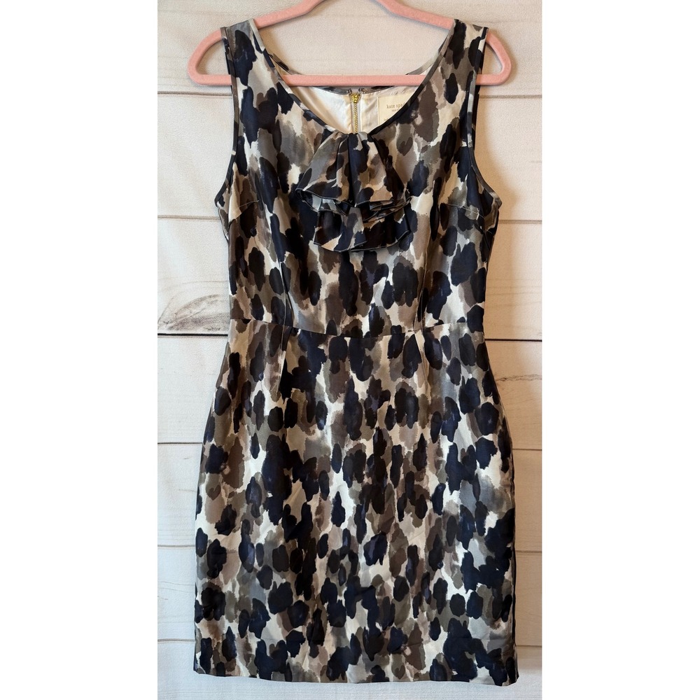Kate Spade New York Silk Abstract Animal Print Ruffle Dress NJMU1537 Grey Tan 8